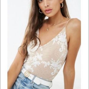 Floral Embroidered Mesh Thong Bodysuit